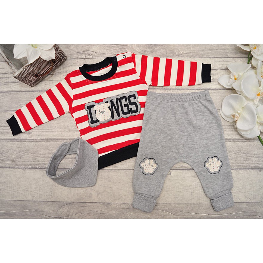DRES niemowlęcy ze pieskiem, czerwono-biała bluza, spodnie, apaszka komplet 3cz.