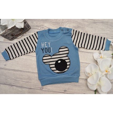 Niebiesko-szary DRES HEY YOU z misiem, bluza, spodnie, komplet