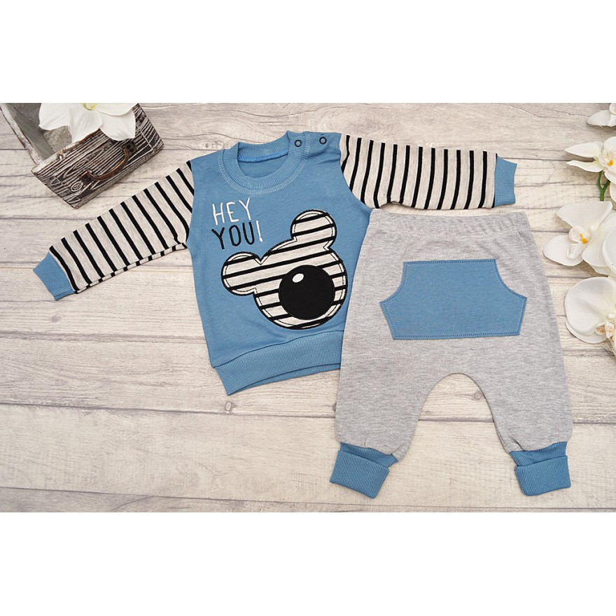 Niebiesko-szary DRES HEY YOU z misiem, bluza, spodnie, komplet