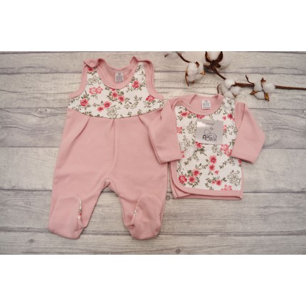 Wyprawka dla noworodka koszulka śpiochy pudrowy róż KWIATY wz. 354R