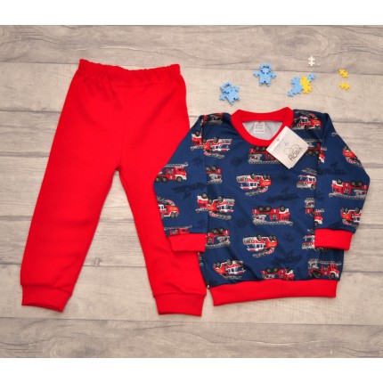 Czerwono-granatowa PIŻAMA w wozy strażackie piżamka długi rękaw wzór 372c
