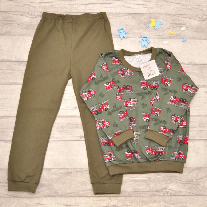 Zielona PIŻAMA w wozy strażackie długi rękaw wzór 372z