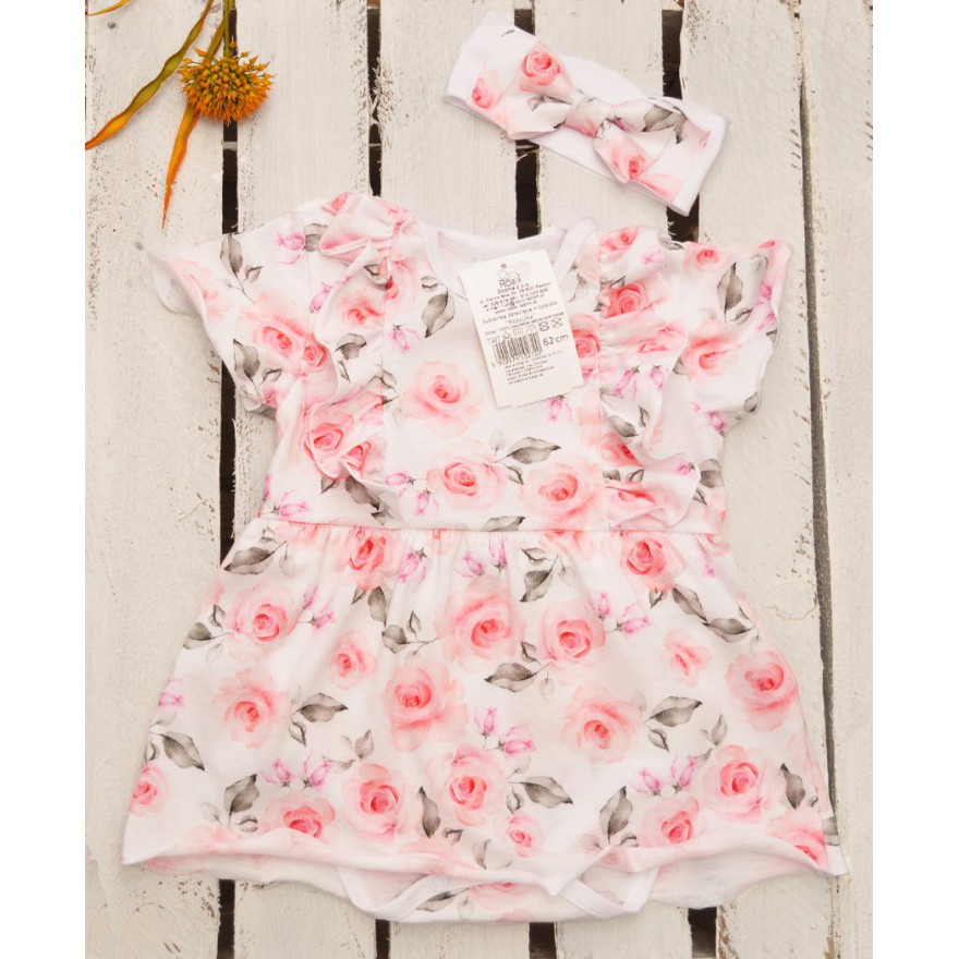 Biało-różowa BODY SUKIENKA z opaską, kokardą w róże