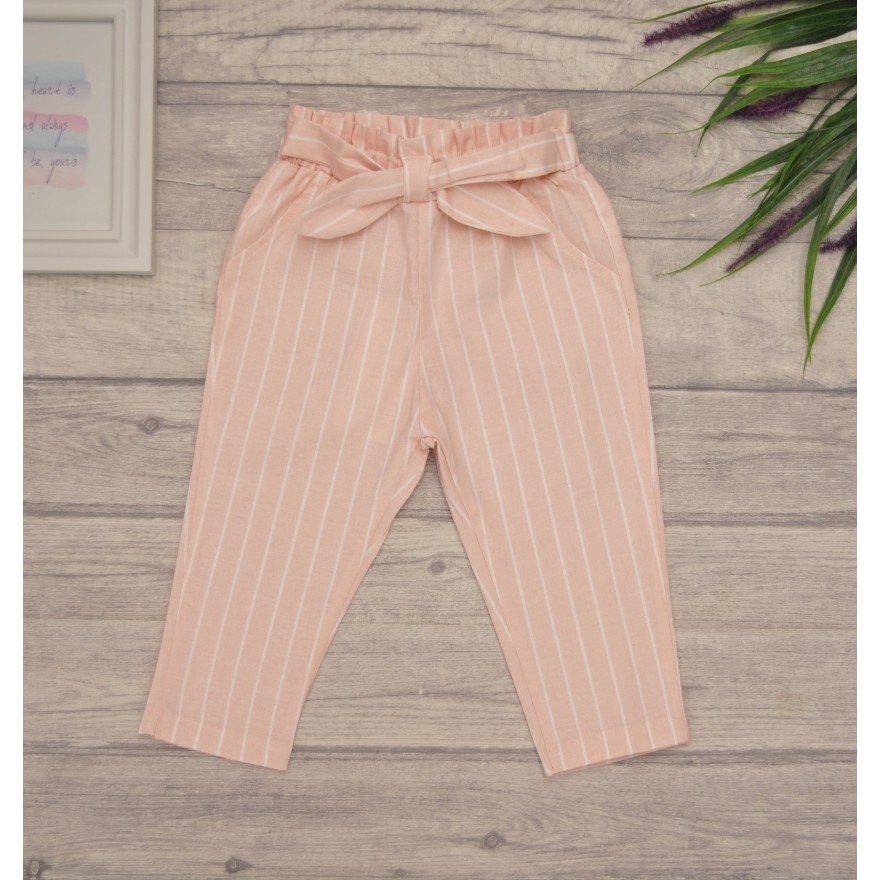 Różowe SPODNIE bawełniane dziewczęce w paski z kokardą