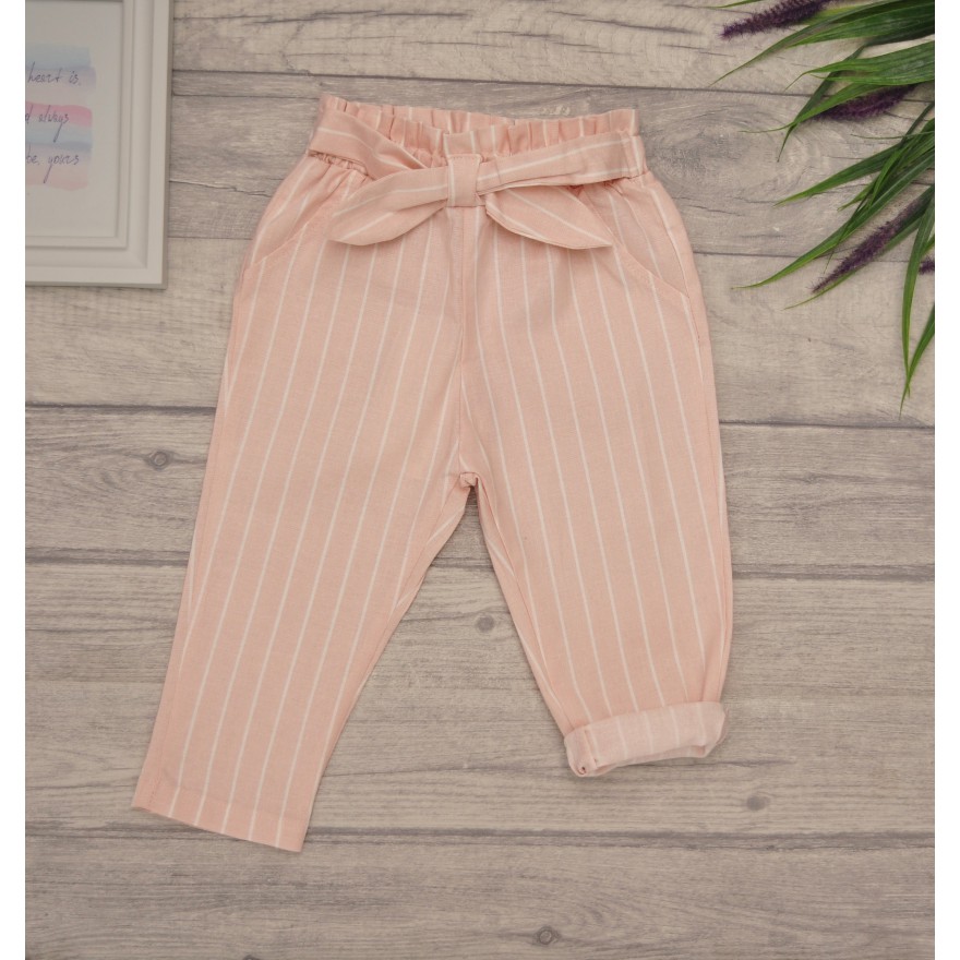 Różowe SPODNIE bawełniane dziewczęce w paski z kokardą