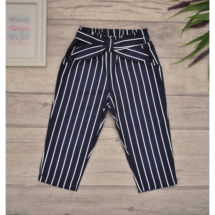 Granatowe SPODNIE bawełniane dziewczęce w paski z kokardą