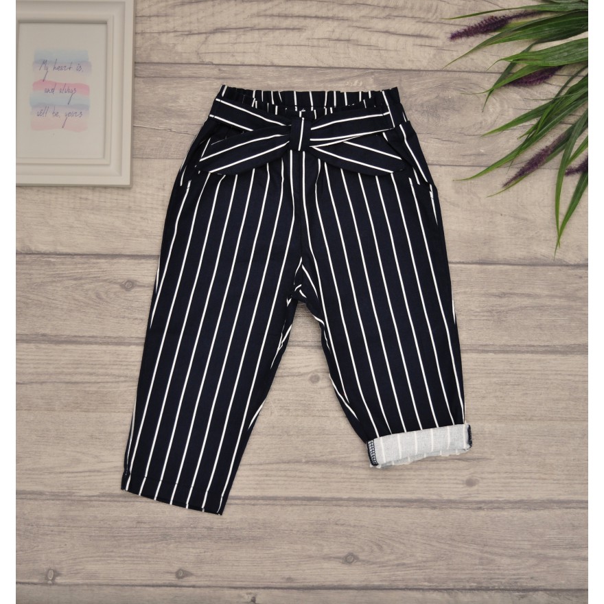 Granatowe SPODNIE bawełniane dziewczęce w paski z kokardą