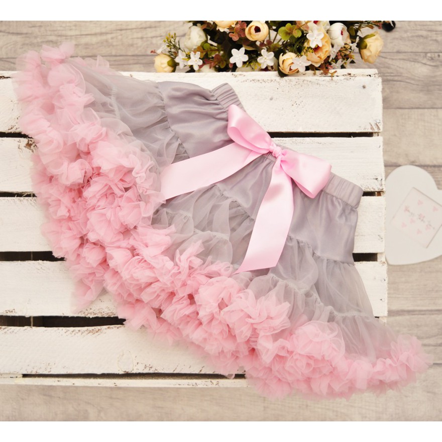 Puszysta SPÓDNICZKA tiulowa z falbankami, szaro- różowa
