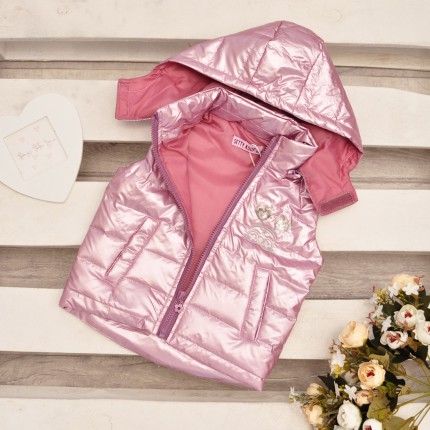 Dziewczęca KAMIZELKA lila metalika bezrękawnik z kapturem