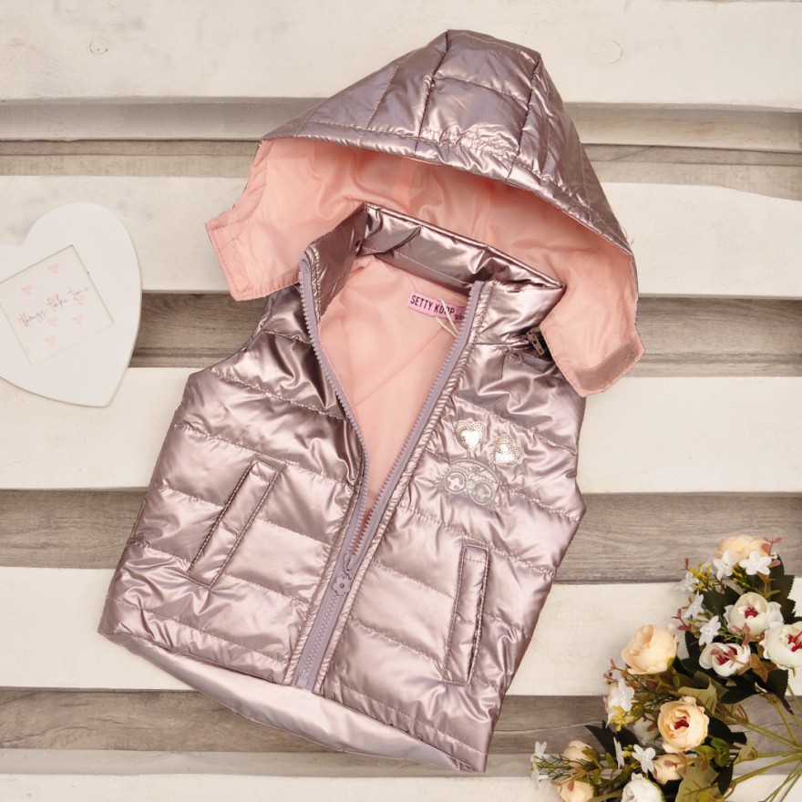 Dziewczęca KAMIZELKA różowa metalika bezrękawnik z kapturem