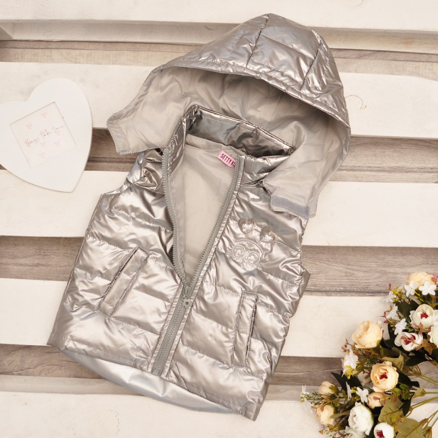 Dziewczęca KAMIZELKA szara metalika bezrękawnik z kapturem