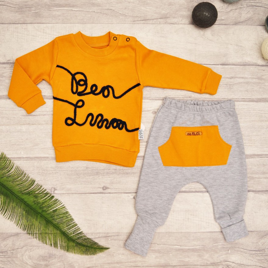 Musztardowo-szary DRES BEN z napisem, bluza, spodnie, komplet