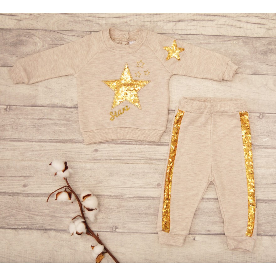 Beżowo-złoty DRES GWIAZDA z cekinami bluza, spodnie, komplet