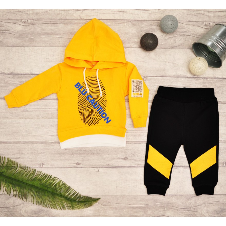 Musztardowo- czarny DRES BLU CAUTION bluza, spodnie, komplet z napisem