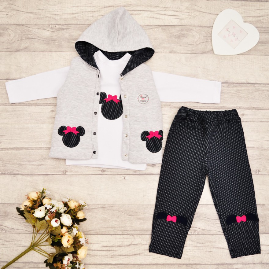 Komplet dziewczęcy Myszka, kamizelka z kapturem, bluzka, spodnie
