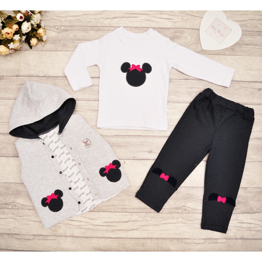 Komplet dziewczęcy Myszka, kamizelka z kapturem, bluzka, spodnie