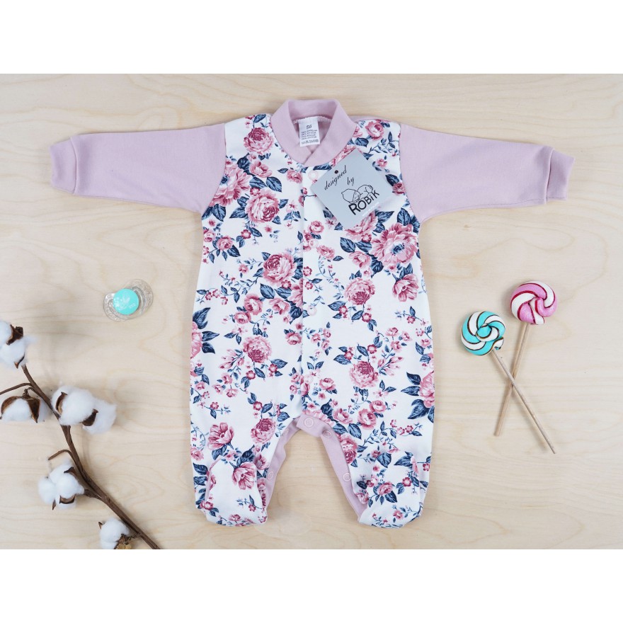 Pajac pajacyk bawełniany róż w kwiaty ciemne liście wzór 373r