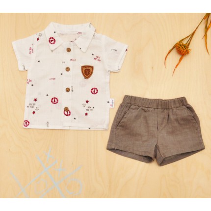 KOMPLET biało- brązowy HOW ARE YOU w bordowe lwy koszulka i spodnie