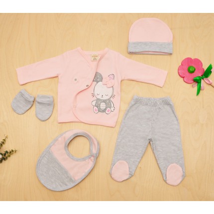 KOMPLET niemowlęcy różowo- szary 5-częściowy króliczek z kokardą