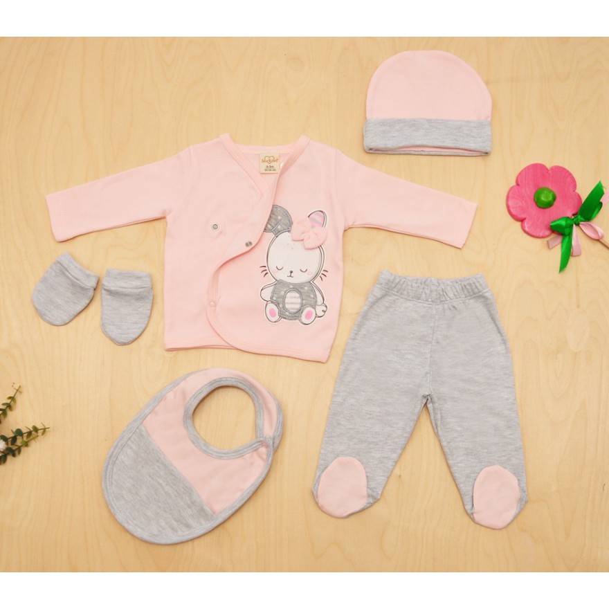 KOMPLET niemowlęcy różowo- szary 5-częściowy króliczek z kokardą