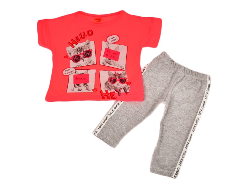 KOMPLET różowo- szary NEON t-shirt koty i spodnie legginsy