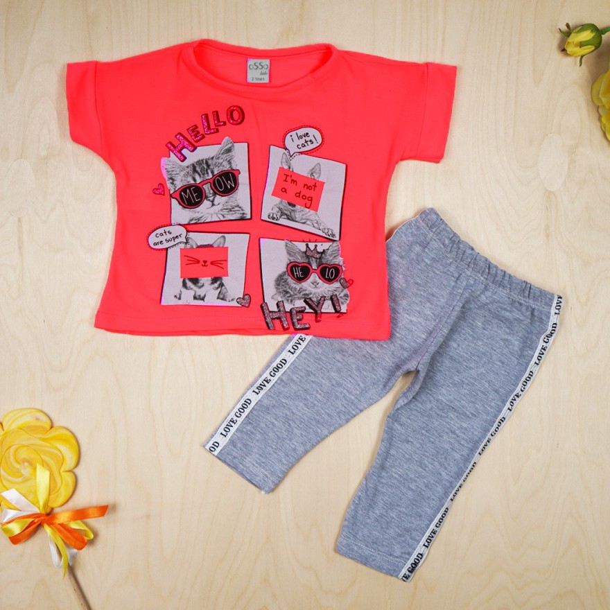 KOMPLET różowo- szary NEON t-shirt koty i spodnie legginsy