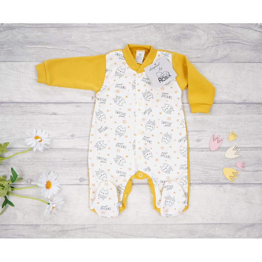 Pajac pajacyk bawełniany musztardowy w sowy r. 50 WCZEŚNIAK wzór 374mu