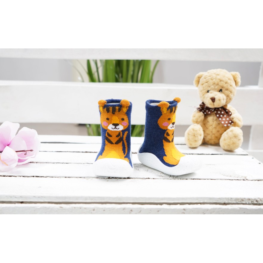 SKARPETY Z GUMOWĄ PODESZWĄ granatowe TRAMPKI z musztardowym tygrysem 3D