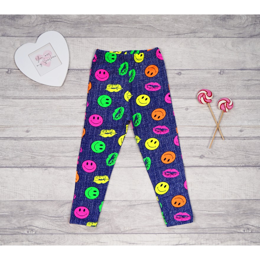 Granatowe LEGGINSY a'la jeans GETRY w neonowe usta i emotki