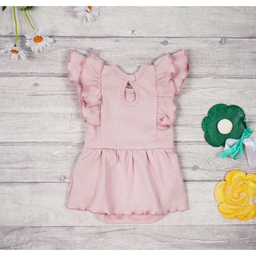 BODY SUKIENKA pudrowy róż gładka z ozdobnym krótkim rękawem