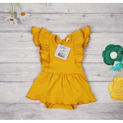 BODY SUKIENKA musztardowa gładka z ozdobnym krótkim rękawem