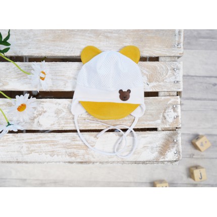 Biało- musztardowa CZAPKA Miś Janek PRZECIW POCENIU GŁOWY lato