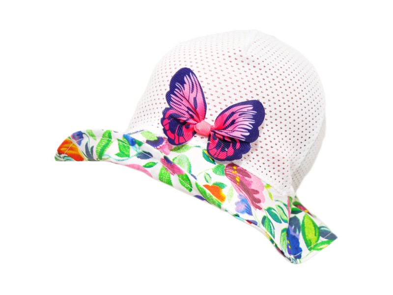 Biały KAPELUSZ ŁĄKA w kwiaty z ozdobnym motylem czapka przeciw poceniu LATO