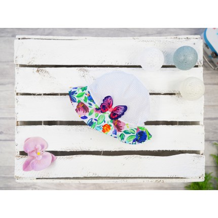 Biały KAPELUSZ ŁĄKA w kwiaty z ozdobnym motylem czapka przeciw poceniu LATO