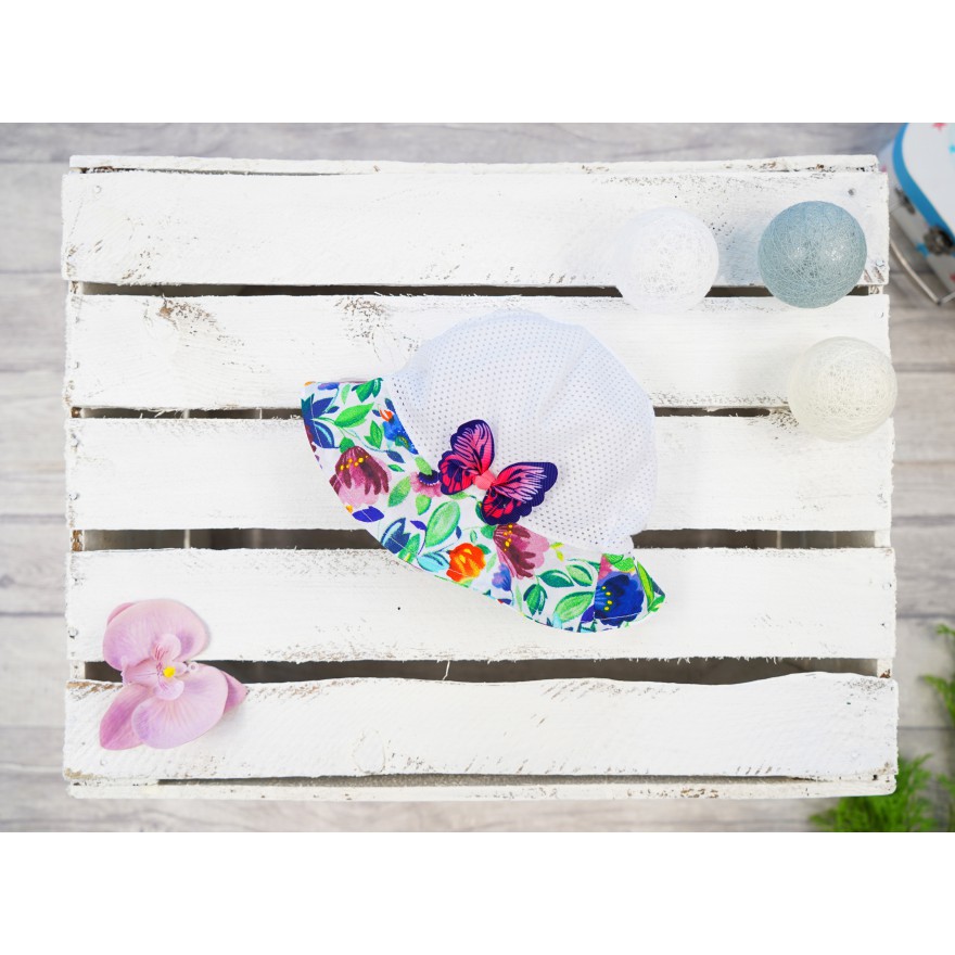 Biały KAPELUSZ ŁĄKA w kwiaty z ozdobnym motylem czapka przeciw poceniu LATO