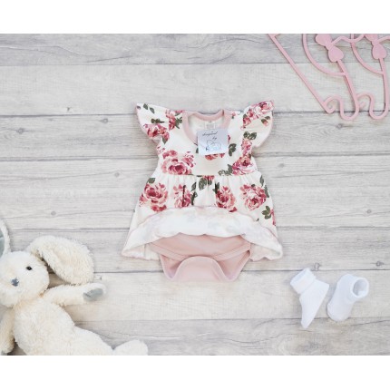 BODY SUKIENKA pudrowa w róże na ecru w. 368r krótki ozdobny rękaw