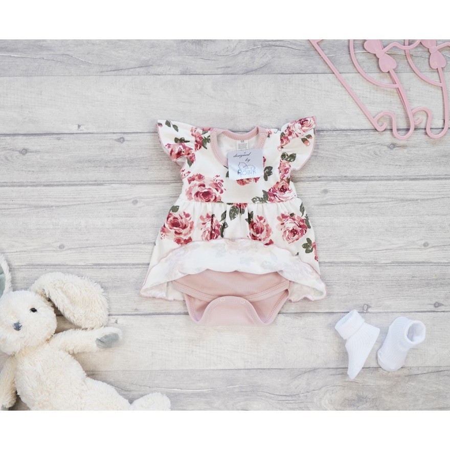 BODY SUKIENKA pudrowa w róże na ecru w. 368r krótki ozdobny rękaw