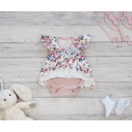 BODY SUKIENKA pudrowa w kwiaty na ecru ciemne liście w. 373r kr