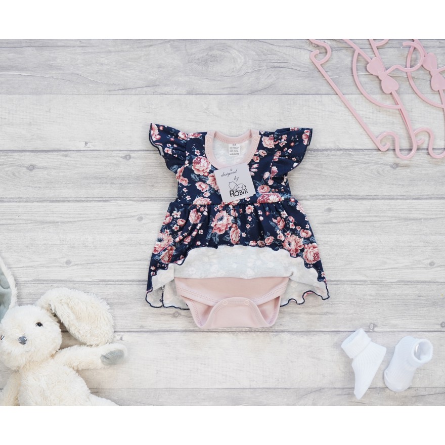 BODY SUKIENKA pudrowa w kwiaty na granacie w. 373g krótki rękaw