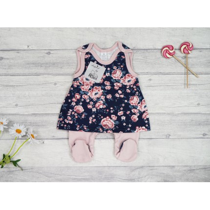 ŚPIOCHY SUKIENKA 2w1 pudrowa w kwiaty na granacie wzór 373g