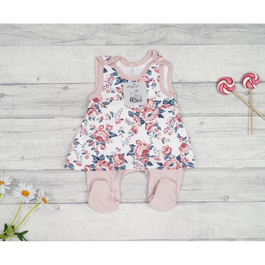 ŚPIOCHY SUKIENKA 2w1 pudrowa w kwiaty na ecru ciemne liście 373r