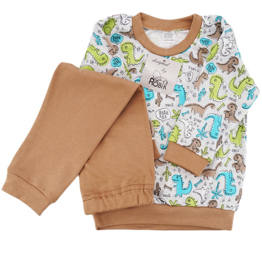 Brązowa PIŻAMA w dinozaury dino długi rękaw wzór 371br