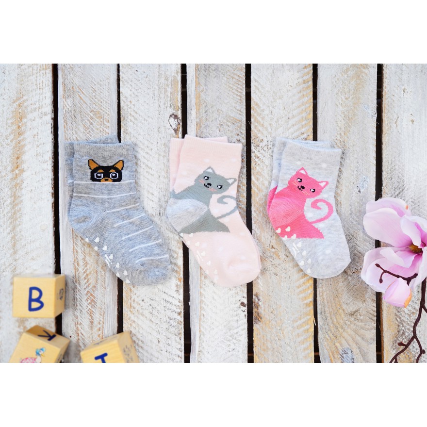 3PAK SKARPETKI KOTY skarpety dziewczęce z ABS D-32