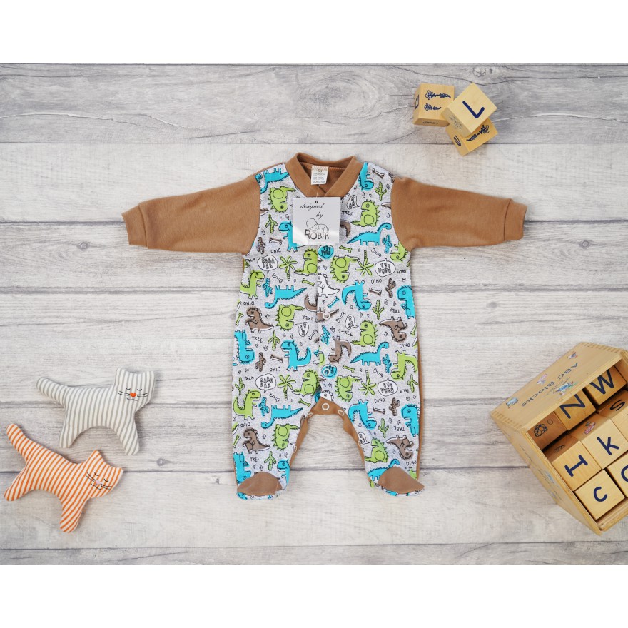 WCZEŚNIAK pajac pajacyk brązowy dinozaury dino 371br bawełna