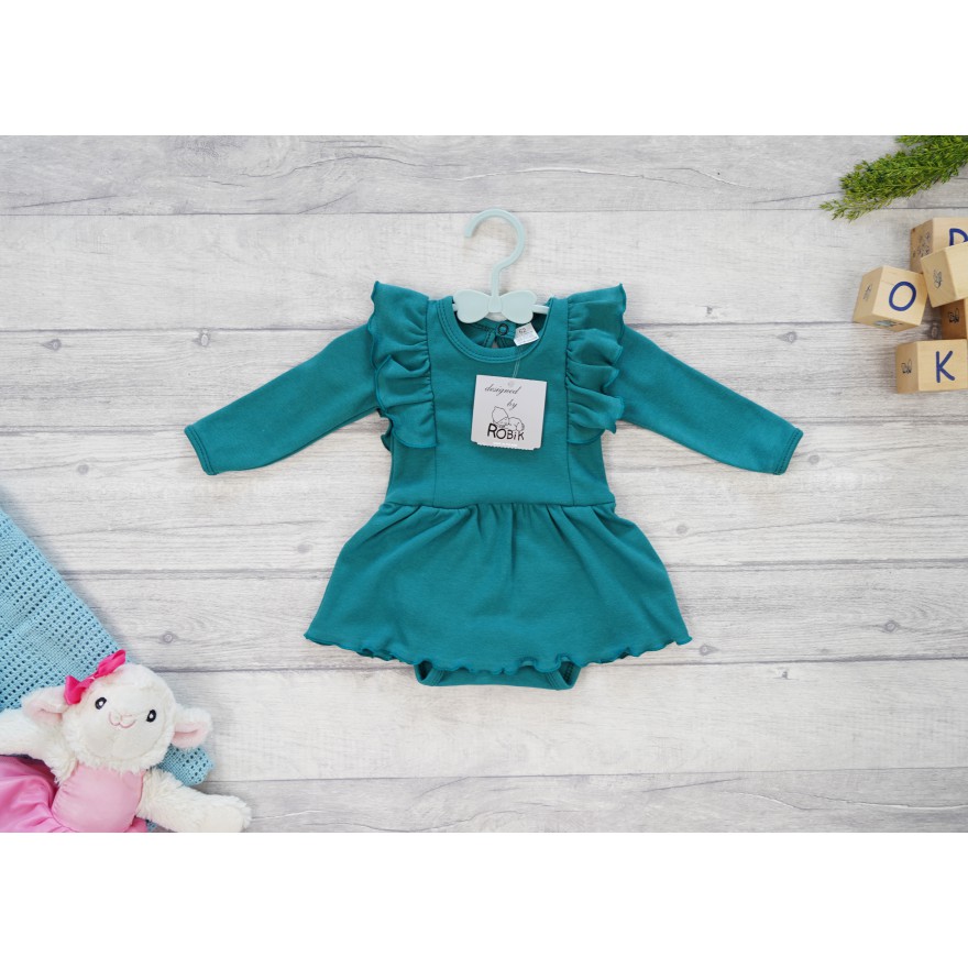 Butelkowa zieleń BODY SUKIENKA gładka z ozdobnym długim rękawem