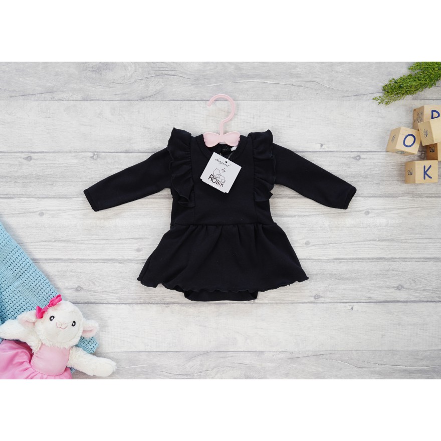 Czarna BODY SUKIENKA gładka z ozdobnym długim rękawem