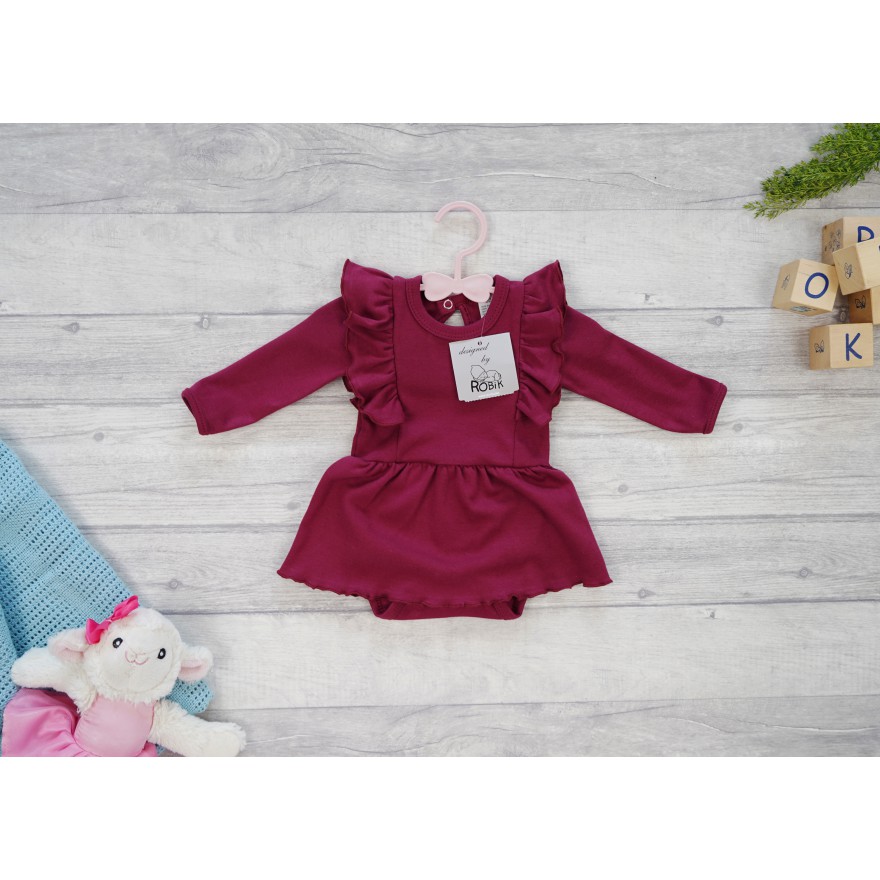 Bordowa BODY SUKIENKA gładka z ozdobnym długim rękawem