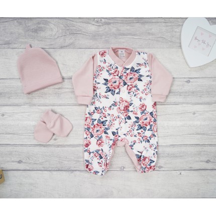WYPRAWKA dla noworodka do szpitala 5 części pudrowa kwiaty ciemne liście 373r