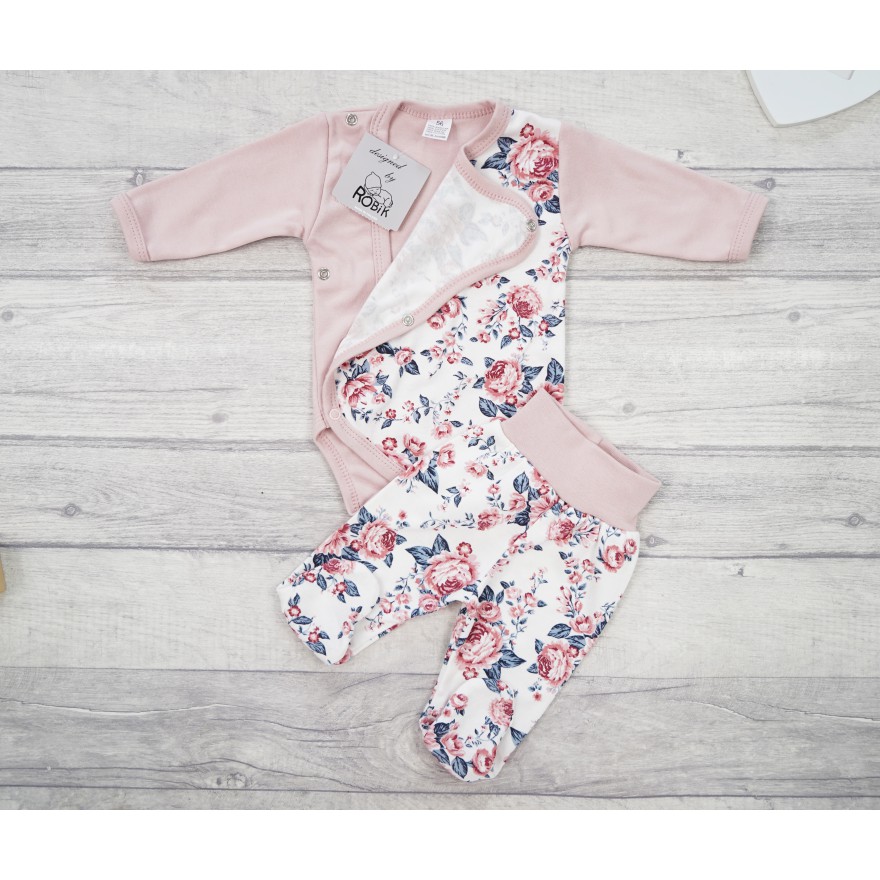 WYPRAWKA dla noworodka do szpitala 5 części pudrowa kwiaty ciemne liście 373r