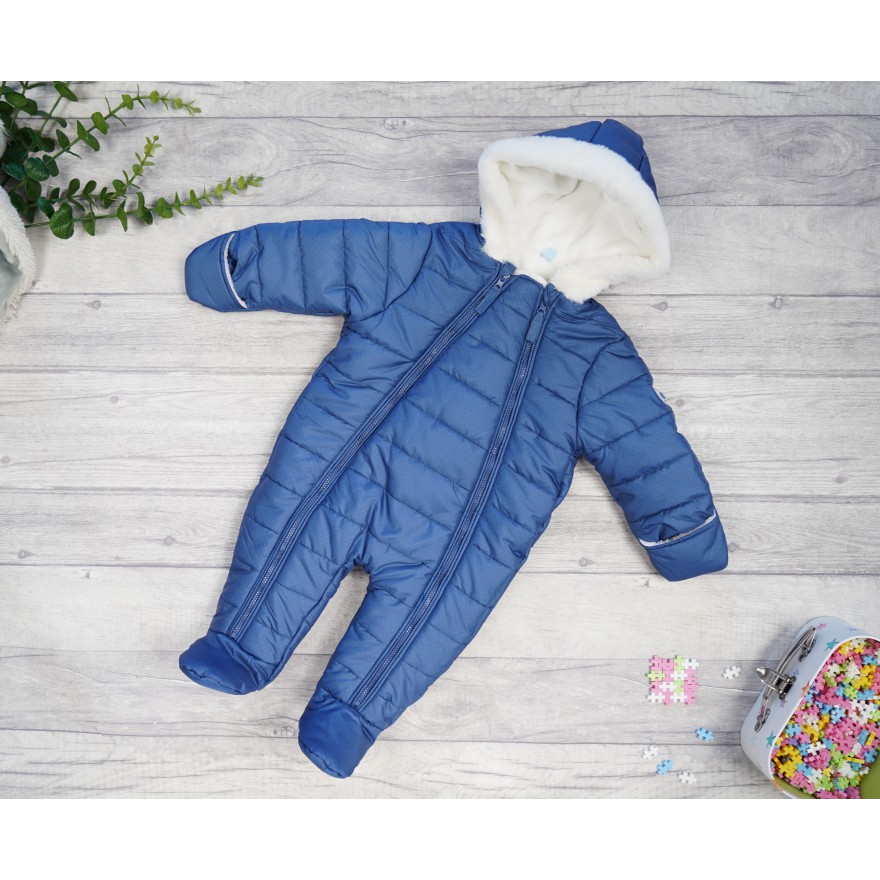 Granatowy KOMBINEZON w kropeczki pikowany na futerku 2 suwaki ZIMA